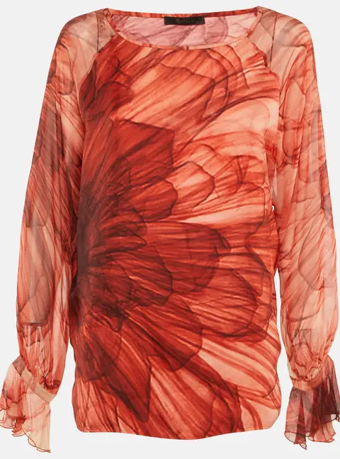 Max Mara Red Floral Print Silk Blouse L