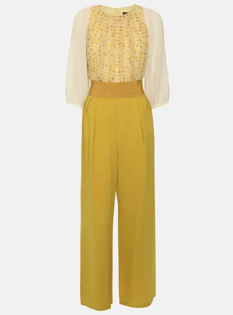 Max Mara Yellow Printed Silk Belted Jumpsuit S