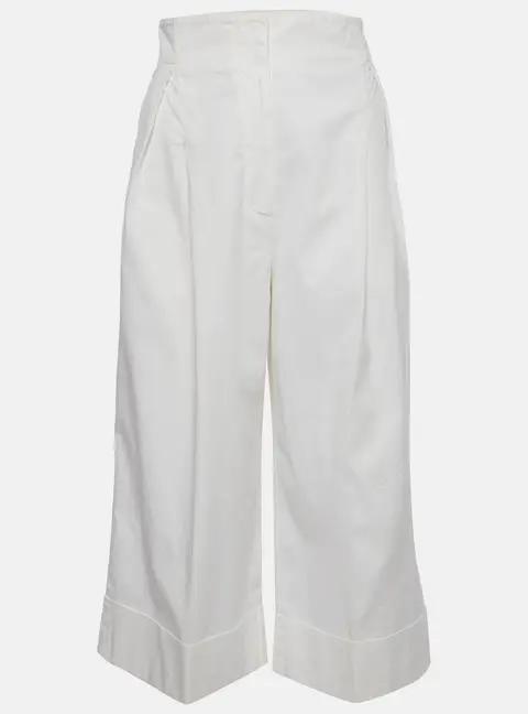 Max Mara White Stretch Cotton Wide Leg Pleated Pants M