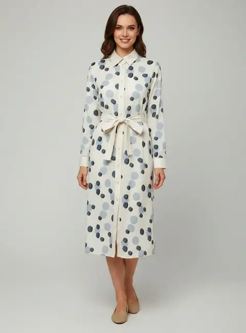 Max Mara Leisure Grey/Blue Polka Dot Cotton Button Down Shirt Dress L