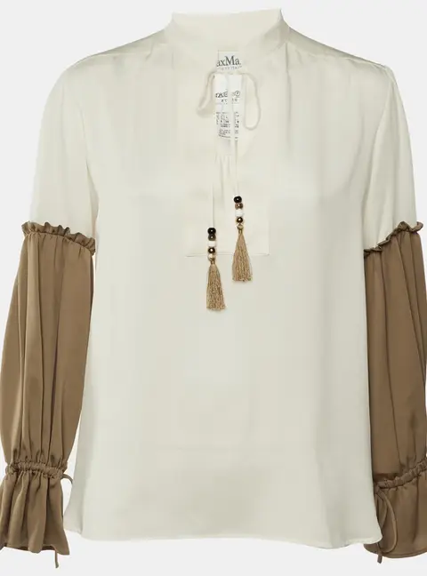 Max Mara Cream & Brown Silk Tie Detail Top S