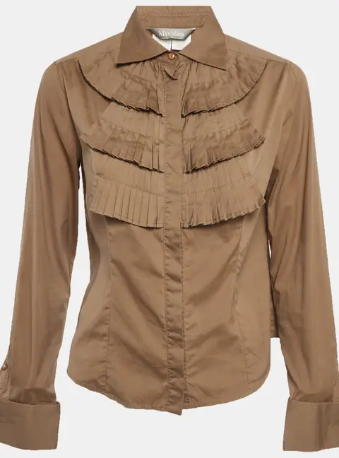 Max Mara Brown Cotton Frilled Shirt M