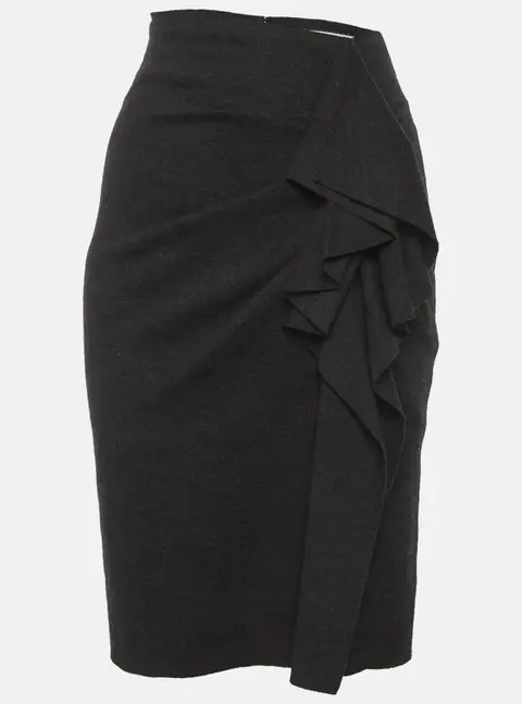 Max Mara Grey Herringbone Wool Blend Ruffle Pencil Skirt S