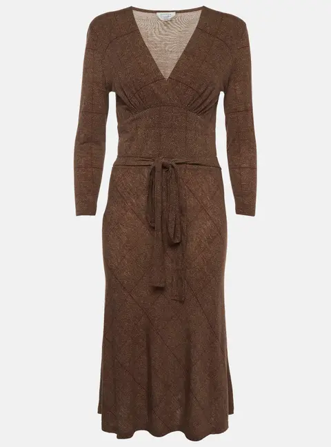 Max Mara Brown Herringbone Print Wool Blend Knit Dress M