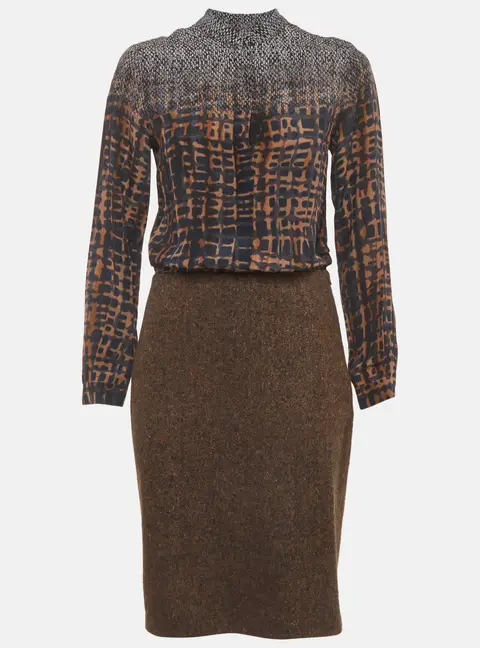 Max Mara Brown Abstract Print Silk Chiffon and Tweed Wool Blend Dress S