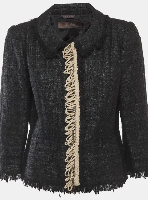 Max Mara Black Tweed Contrast Trim Fringed Edge Jacket L