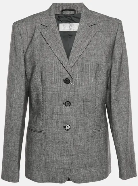 Max Mara Grey Glen Plaid Jacquard Wool Single Breasted Blazer L