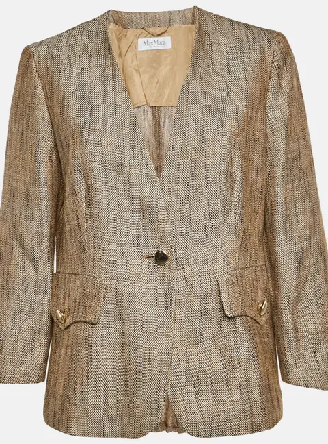 Max Mara Beige Basketweave Linen Blend Single Breasted Blazer L