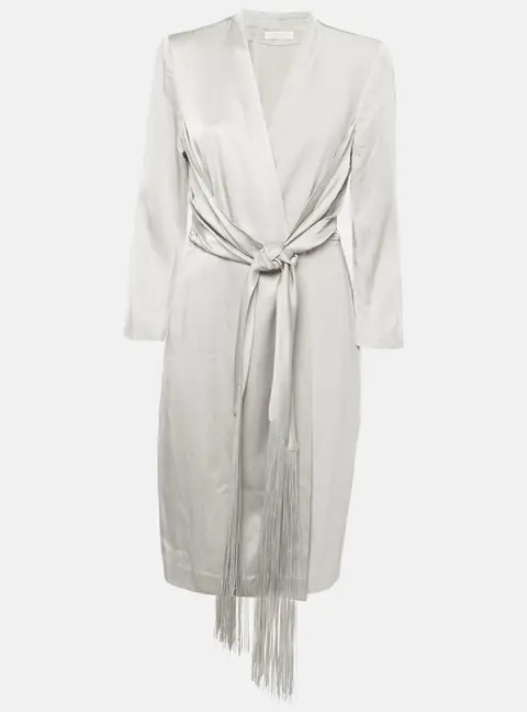 Max Mara Grey Satin Draped Wrap Midi Dress L