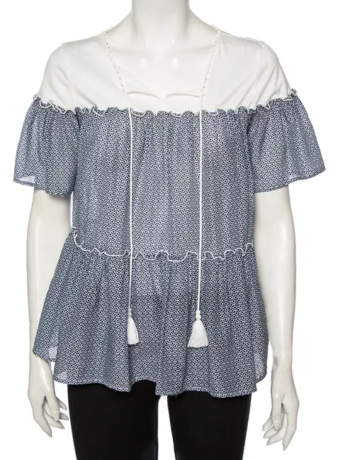 Max Mara Blue Printed Cotton Tie Neck Detail Tunic M