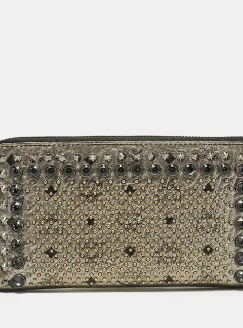 MCM Metallic Grey Leather Crystals Embellished Zip Continental Wallet