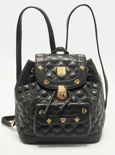 MCM Studded Black Quilted Leather Drawstring Backpack
