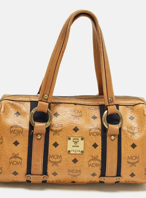 MCM Cognac Visetos Coated Canvas Boston Satchel