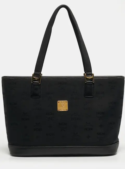 MCM Top Zip Black Visetos Fabric and Leather Tote