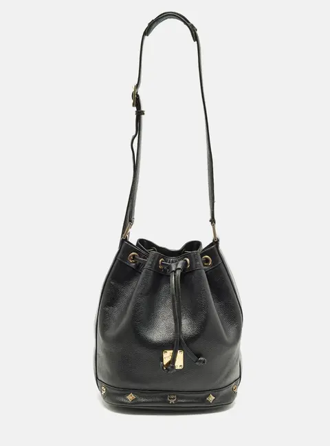 MCM Black Logo Studded Leather Drawstring Bucket Bag