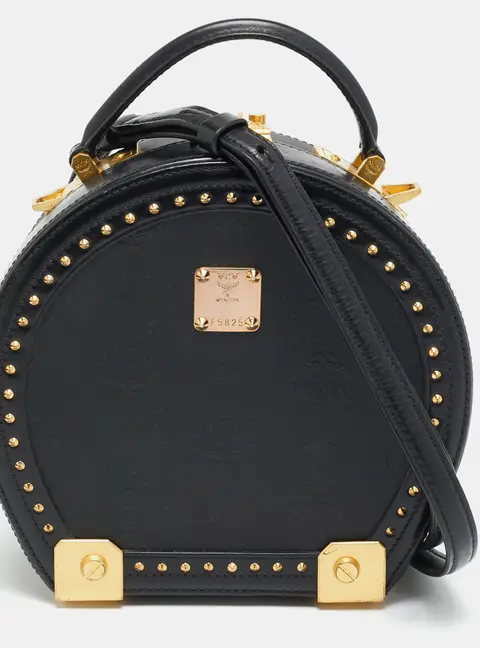 MCM Black Studded Berlin Black Coated Canvas Round Bag
