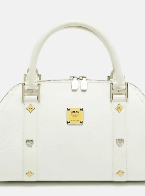MCM Enamel Logo White Leather Zip Satchel