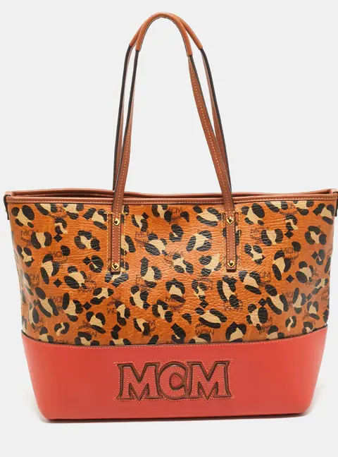 MCM Heritage Brown/Orange Leopard Print Coated Canvas Leather Shopper Tote
