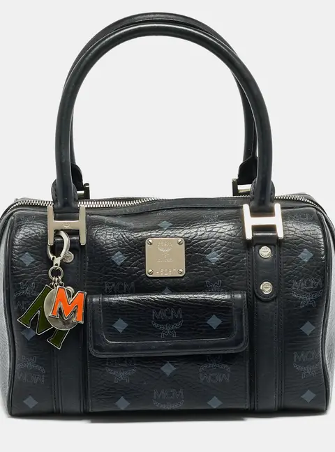 MCM Front Pocket Black Visetos Coated Canvas and Leather Satchel