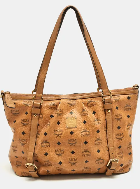 MCM Cognac Visetos Coated Canvas and Leather Shopper Tote