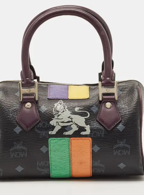 MCM Princess Lion Black Visetos Coated Canvas and Leather Boston Bag