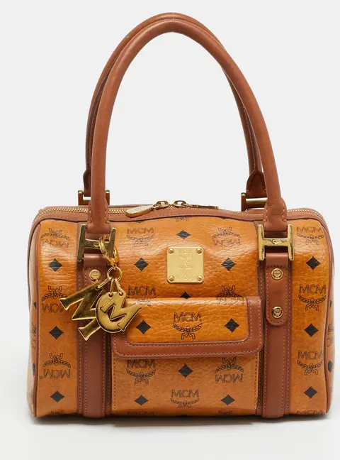 MCM Front Pocket Cognac Visetos Coated Canvas and Leather Boston Bag