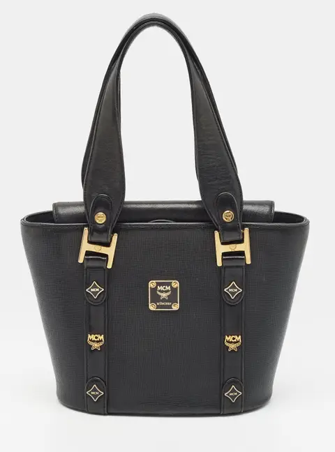 MCM Flap Black Leather Bucket Tote