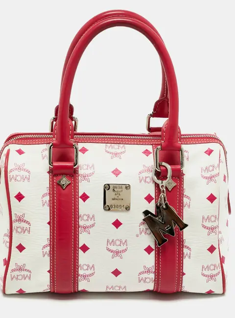 MCM Logo Charm Pink/White Visetos Coated Canvas and Leather Boston Bag