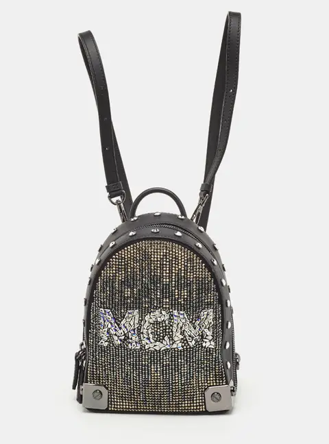 MCM Stark Bebe Boo Mini Black Leather Mosaic Crystal Backpack