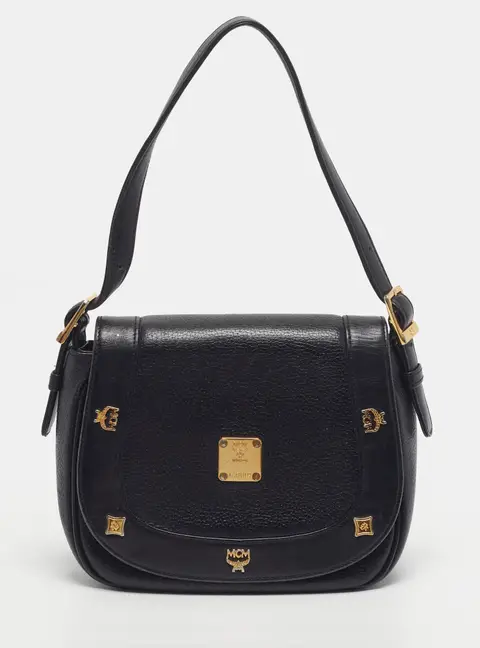 MCM Black Leather Flap Shoulder Bag