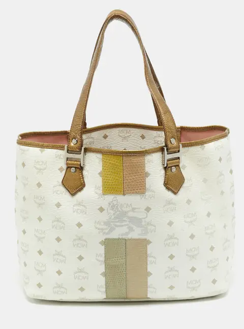 MCM Princess Lion Medium White Visetos Coated Canvas Shopper Tote