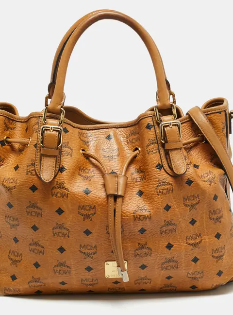 MCM Cognac Visetos Coated Canvas Drawstring Tote