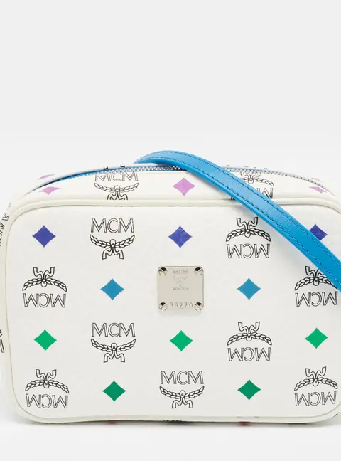 MCM White/Blue Visetos Coated Canvas Camera Crossbody Bag