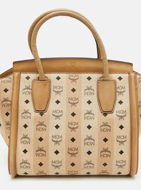 MCM Visetos Beige Coated Canvas and Leather Satchel