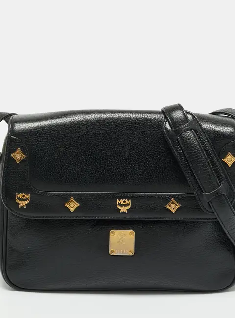 MCM Studded Flap Black Leather Crossbody Bag