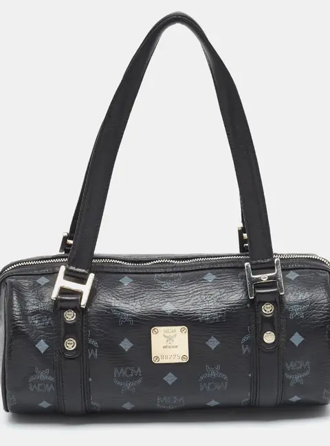 MCM Barrel Black Visetos Coated Canvas Satchel
