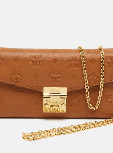 MCM Patricia Brown Logo Embossed Leather Wallet On Chain