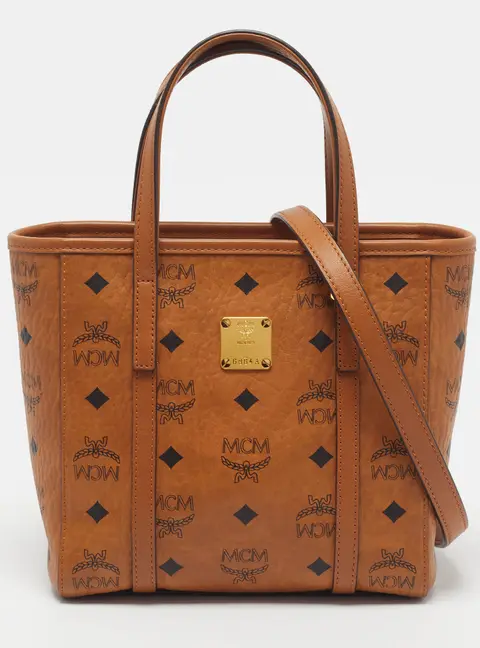 MCM Toni Mini Cognac Visetos Coated Canvas Top-Zip Shopper Tote