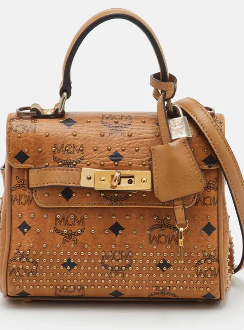 MCM Cognac Visetos Coated Canvas X Mini Hertiage Top Handle Bag
