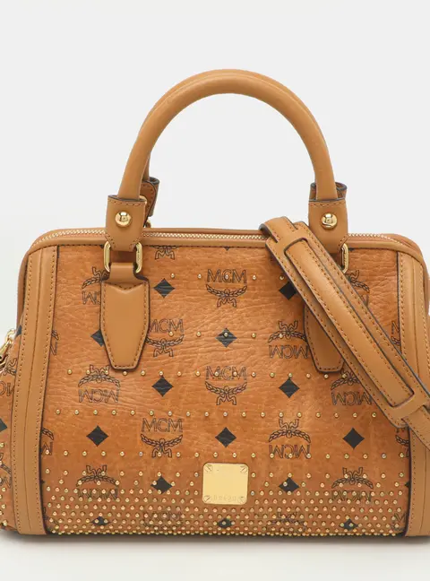 MCM Cognac Visetos Coated Canvas Studded Satchel