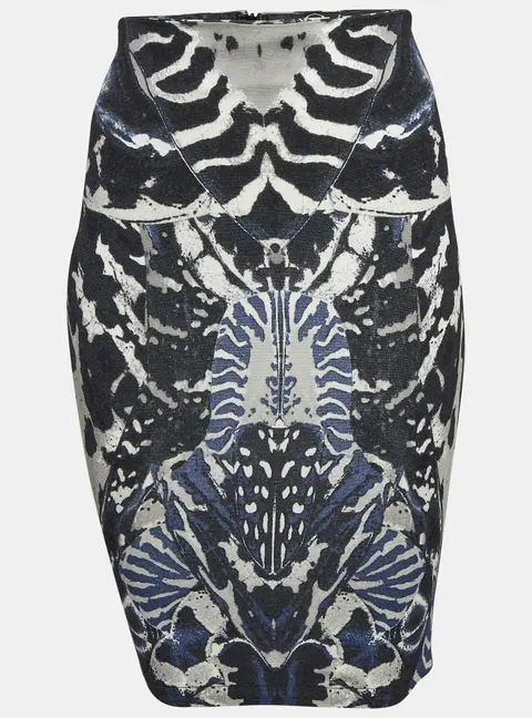 McQ by Alexander McQueen Blue Beetle Print Crepe Pencil Skirt XS