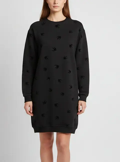McQ by Alexander McQueen Black Flocked Swallow Jersey Sweat Dress L