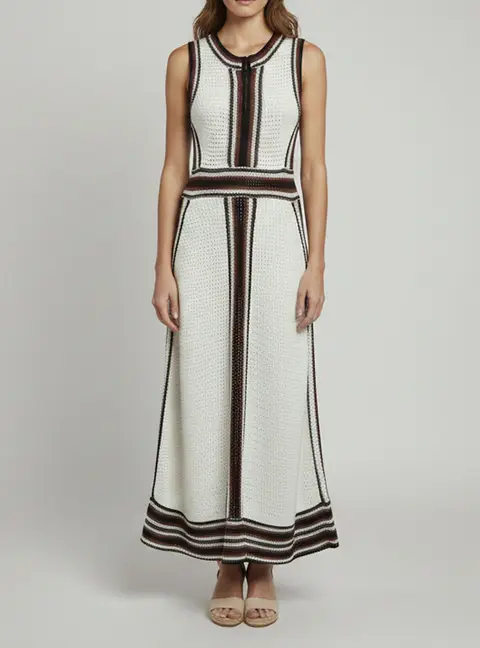 ME+EM White Striped Crochet Sleeveless Midi Dress S
