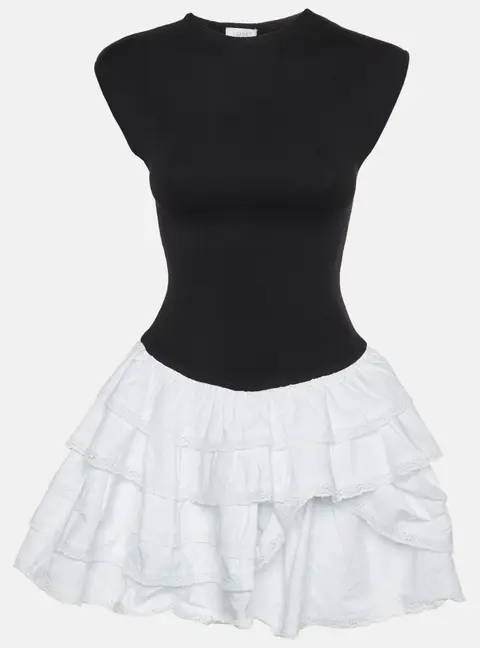 Meshki Black/White Knit and Cotton Ruffle Mini Dress XS