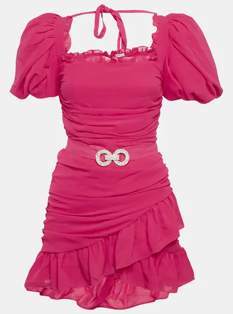 Mergim Pink Chiffon Ruche Detail Belted Mini Dress M