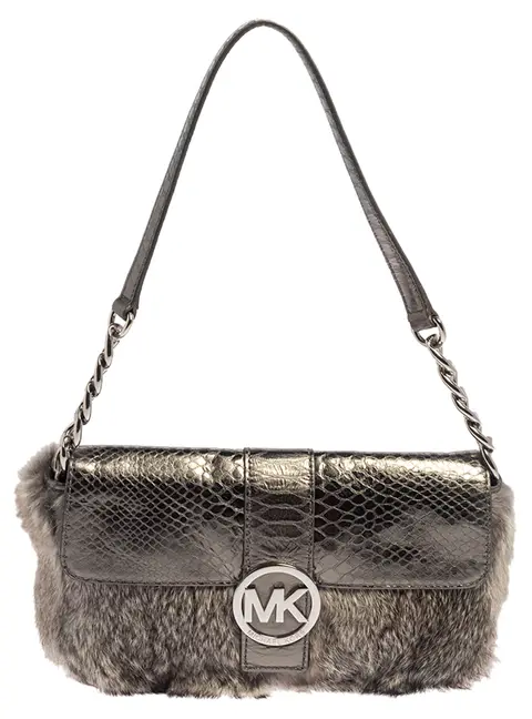 Michael Kors Metallic Grey Python Embossed Leather and Rabbit Fur Fulton Baguette