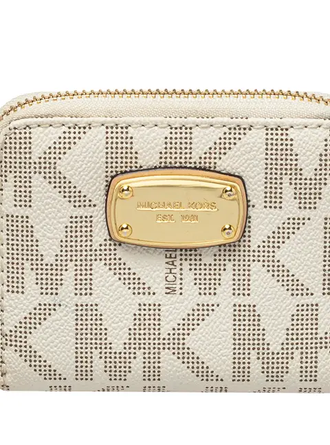 Michael Kors White Signature Coated Canvas Zip Around Compact Wallet