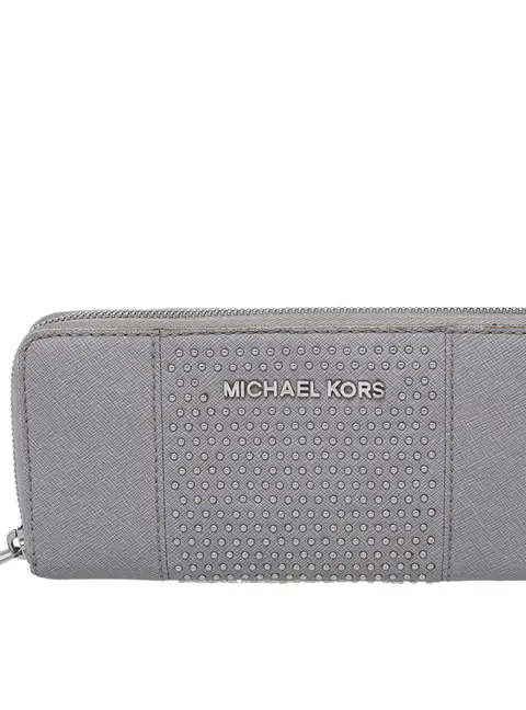 Michael Kors Grey Saffiano Leather Micro Stud Travel Zip Around Wallet