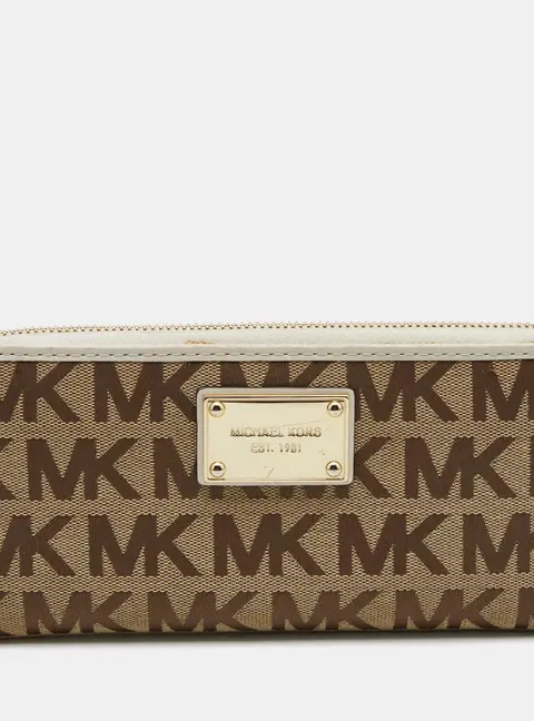 Michael Kors Beige/White Signature Canvas and Leather Zip Around Wallet