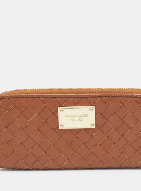 Michael Kors Tan Leather Woven Zip Around Wallet